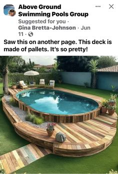 an above ground pool surrounded by grass and wooden decking, with the caption above it