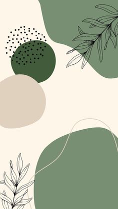 a green and white wallpaper with leaves on the bottom right hand corner, black dots in the middle