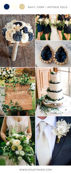 a collage of photos with flowers and wedding colors in them, including blue, green,