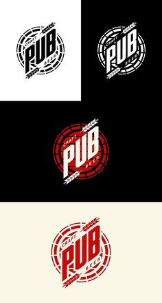 four different logos for pub, including one with the word pub in red and white