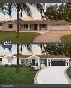 before and after photos of a house in florida with palm trees on the front yard