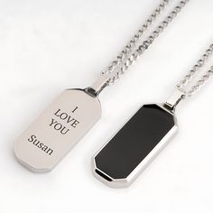 🔒 Searching for an extraordinary Father's Day or Christmas gift for your husband? Look no further than our exclusive Hidden Message Dog Tag Necklace!  This sleek black enamel pendant, paired with a sturdy stainless steel chain, exudes masculine style and sophistication.  Engraved with your chosen secret message, this personalized dog tag is fashionable and deeply meaningful--making it a perfect gift for any occasion.  Whether for a dad, husband, or grandpa, this man's necklace is a thoughtful and one-of-a-kind keepsake he will treasure forever. 📏 Size & Materials: Style: Secret Message Men's Necklace Materials: Stainless Steel, Enamel Pendant Size: 35mm x 19mm Chain Style: 4mm Box Chain Chain Length Options: 60cm (23.6") ✍️ How to Order: Please provide your custom engraving message for t Personalized Black Stainless Steel Necklaces, Customizable Black Stainless Steel Necklaces, Black Stainless Steel Necklace For Memorial, Black Stainless Steel Jewelry For Memorial, Personalized Black Necklaces For Anniversary, Engraved Black Necklaces For Anniversary, Black Engraved Necklaces For Anniversary, Black Stainless Steel Jewelry For Anniversary, Personalized Black Jewelry For Father's Day