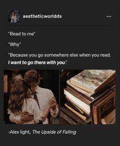 an image of two people hugging each other with text above them that reads, read to me why? because you go somewhere else when you're with you