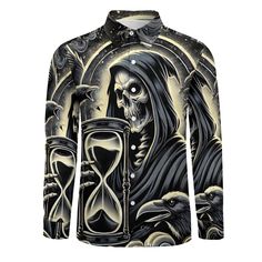 The Reaper's Hourglass Casual One Pocket Long Sleeve Shirt Long Sleeve Tops With Skull Print, Black Long Sleeve Halloween Shirt, Long Sleeve Skull Print Halloween Shirt, Halloween Skull Print Long Sleeve Shirt, Long Sleeve Halloween Streetwear Shirt, Hourglass Design, Computer Photo, The Reaper, Yoga Sports Bra