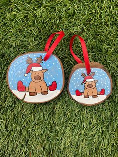 two wooden ornaments with reindeer on them sitting in the grass