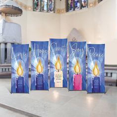 Blue Advent Candles Banner Set - Set of 5 Banners Candle Church, Advent Church Decorations, Purple Candle, Church Banners Designs, Christmas Bulletin Boards, Church Banner, Church Christmas Decorations, Advent Candle, Cloth Banners