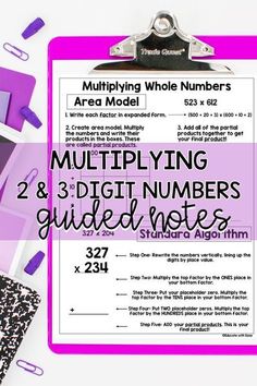 a clipboard with the text multiplying and 3 digit numbers guided notes on it