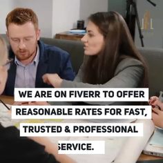 three people sitting at a table talking to each other with the words we are on five to offer reasonable rate for fast, trust and professional service