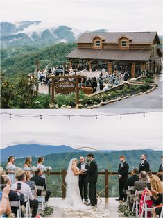 a couple getting married at the top of a mountain in front of their wedding venue