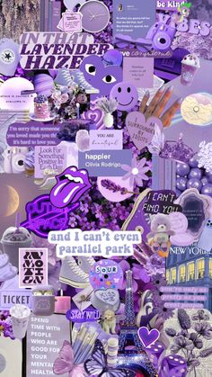 a collage of purple and white items