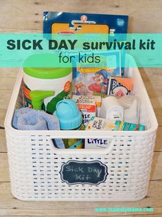 a white basket filled with baby items and the words sick day survival kit for kids