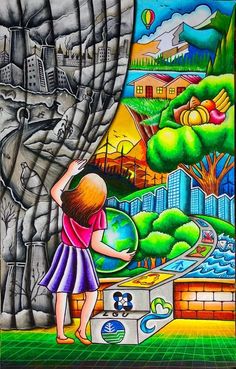 a painting of a girl looking at the earth in front of a cityscape