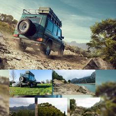 a collage of photos showing different vehicles driving on dirt and rocks