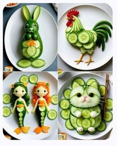 four different pictures of cucumbers and cats made to look like vegetables