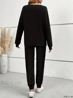 Peilia - Stylish Two-piece Solid Set, featuring Long Sleeve Top and Pants, for Womens Casual Fashion Womens Casual Fashion, Womens Casual, Womens Fashion Casual, Long Sleeve Top, Knit Fabric, Casual Fashion, Long Sleeve Tops, Sleeve Top, Two Piece