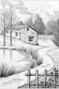 a pencil drawing of a house by the water