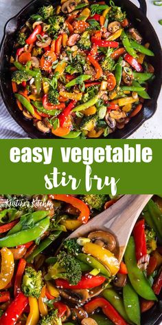 a skillet filled with stir fry vegetables and broccoli