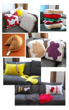 various pillows and cushions are arranged on the couch in this collage, each with different designs