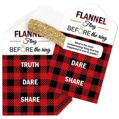 three red and black buffalo plaid tags with gold glitter bow on them, one says flannel before the ring