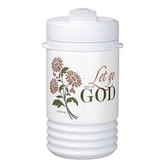 a large white water bottle with flowers on the side and let no go written on it