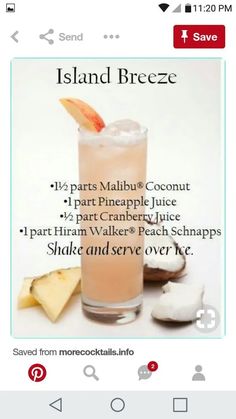 a recipe for island breeze is shown on the app store's mobile page, which shows an image of a drink in a tall glass with orange peel and pineapple wedges