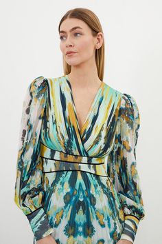 Abstract Ombre Pleated Woven Midaxi Dress Midaxi Skirt, Latest Maxi Dresses, Ombre Print, Maxi Dress Collection, Midaxi Dress, Green Abstract, Classic Dress, Karen Millen, Fashion Face