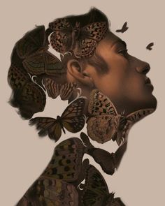 a woman's face surrounded by butterflies in the shape of her head and shoulders