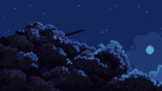 an image of the night sky with stars and clouds in pixel art style, as well as mountains