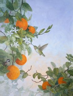 an oil painting of oranges on a tree with a hummingbird in the background