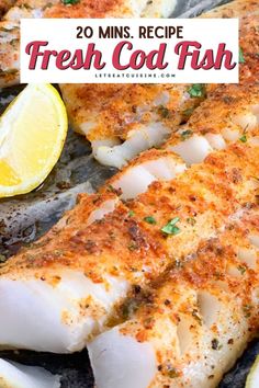 fish with lemons and parsley on the side, text overlay reads 20 mins recipe fresh cold fish