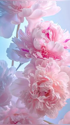 pink peonies against a blue sky background