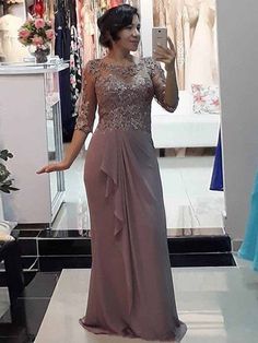 Sheath/Column Chiffon Applique Scoop 1/2 Sleeves Floor-Length Mother of the Bride Dresses Wedding Evening Gown, Mother Of The Bride Dresses Long, Church Suits, Tan Dress, Elegant Prom Dresses, Mothers Dresses, Half Sleeve Dresses, Chiffon Skirt, Evening Gowns Formal