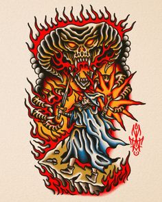 a drawing of a demon with flames on it