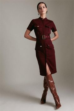 Petite Denim Short Sleeve Belted Dress