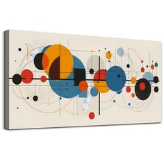 an abstract painting on canvas with circles and lines in different colors, including black, orange, blue, yellow