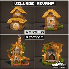 four different views of a small house made out of lego blocks and wood, with the words village reamp written on it