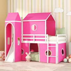 a child's bedroom with a pink dollhouse bed and bunk beds for girls