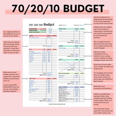 the budget sheet is shown in red and green, with words above it that read 70 / 20 / 10 budget