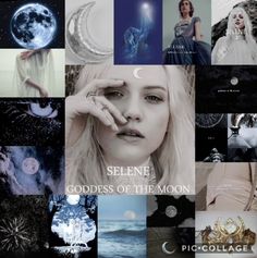 a collage of photos with the words selene goddess of the moon