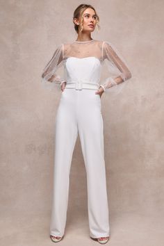 Women's White Mesh Pearl Belted Wide-Leg Wedding Jumpsuit will enhance your bridal look. With its stunning mesh details and pearl-embellished belt, this jumpsuit redefines wedding fashion in the ideal balance of elegance and modern flair. #women #jumpsuit #wedding Bachelorette Outfit Ideas, Bachelorette Party Dresses, Bachelorette Party Dress, Bachelorette Dress, Bridal Jumpsuit, Wedding Jumpsuit, Bachelorette Outfits, Pearl Details, Lulu Fashion