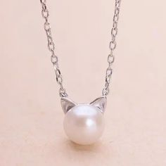 Stunning Pearl Necklace Adorable Cat Ear! Cat Stud Earrings, Cat Pendant Necklace, Cat Earrings Studs, Cat Products, Animal Necklace, Cat Pendant, Sterling Silver Cat, Baby 2, Cat Pendants