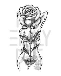 a drawing of a rose in a woman's hand with the word love written on it