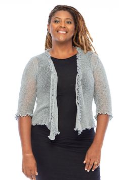 TIE-FRONT DESIGN MAKES THIS AQUA PLUS SIZE BOLERO RUFFLE SHRUG FOR WOMEN a quick and easy layer any time of day; lightweight dress cardigan gives perfect, pretty coverage for upper arms or low-cut dresses LIGHTWEIGHT MESH POLY COTTON BLEND KNIT NEVER WRINKLES; toss this sheer sweater shrug in your bag for evening or date night, or pack it in your carryon as a great travel piece CROPPED CARDIGAN HAS FLATTERING NATURALLY RUFFLED EDGES and 3/4 sleeves that add to the feminine silhouette; can be wor Tie Front Bolero, Mesh Knit Sweater, Shrug For Women, Sheer Shrug, Sweater Shrug, Sheer Cardigan, Cardigan Shrug, Dress Cardigan, Sheer Sweater