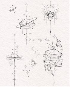 an ink drawing of books and butterflies