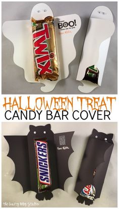 halloween treat candy bar cover with bat design and text overlay that reads, halloween treat candy bar cover