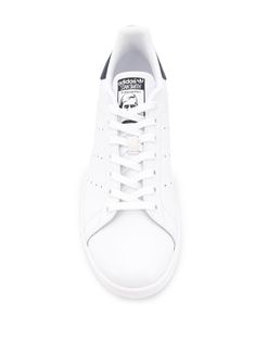 Stan Smith sneaker by ADIDAS in white and blue leather with fabric lining and rubber sole. This item is in size 8½ and the color is Classic High-top Sneakers With Boost Midsole And White Sole, Classic High-top Sneakers With White Sole And Laces, Classic Skate Shoes With Boost Midsole And White Sole, Classic Skate Shoes With Boost Midsole, Classic High-top Sneakers With Laces, Classic Adidas High-top Sneakers With Logo, Classic Adidas Sneakers With Round Toe, Adidas Classic High-top Custom Sneakers, Adidas Classic High-top Sneakers