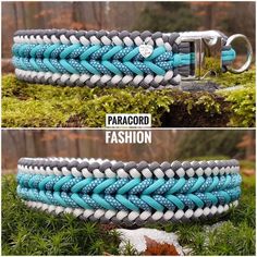 two different pictures of the same belt with blue and white braiding on each side