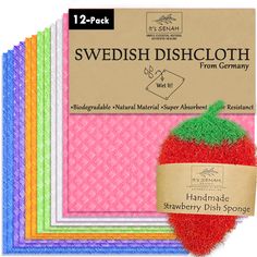 a pack of 12 swedish dishcloths with a strawberry on the front and six different colors