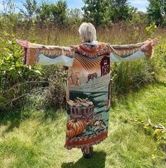 Introducing my latest creation! Upcycled two of the same beautiful vintage blankets into this cozy, one of a kind, long blanket coat.  Double front pockets and toggle closure for added functionality. Perfect for breezy seaside mornings, late nights at festivals, dinner dates, or campfires. This beauty is sure to turn heads wherever you may wander. Measurements: Chest: 44" Overall length: 55" Shoulder seam to wrist: 22" Machine wash, tumble dry. This statement jacket was made with all of my heart Multicolor Long Folk Style Kimono, Vintage Blanket Coat, Pendleton Blanket Coat, Pendelton Blanket Coat, Folk-style Long Sleeve Outerwear With Woven Motifs, Boho Blanket, Statement Jacket, Blanket Coat, Divine Nature