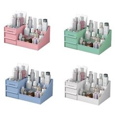 four different colored drawers with bottles and containers in them, each containing one individual's own bottle